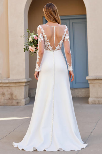A Line Boat Neck Sweep Train Ivory Wedding Dress with Lace Appliques